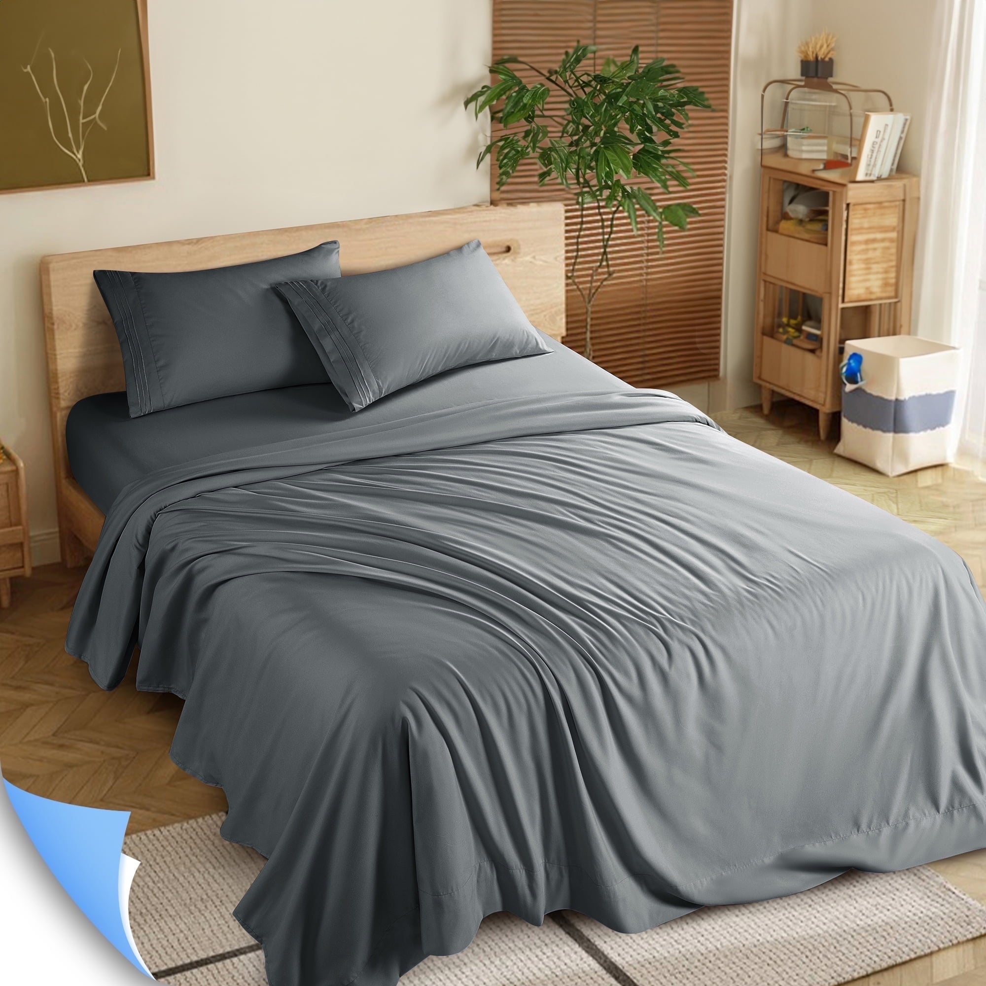 Shilucheng 4 Pieces Luxury Bed Sheets Set, 1800 Series Plush Microfiber Bed Sheets, 16" Deep Pocket, Queen, Dark Gray